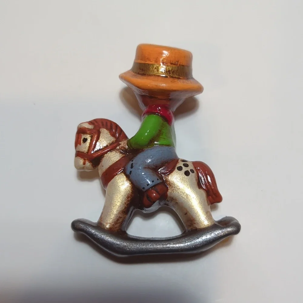 4 pc ceramic figures Karol Miller skier sleigh rocking horse boy girl winter